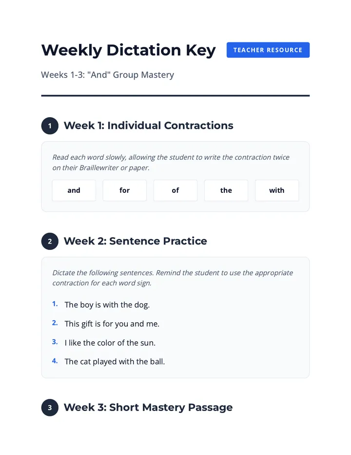 Weeks 1-3 Dictation Key Teacher Resource