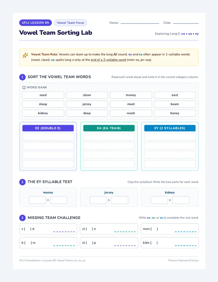 Vowel Team Sort Worksheet