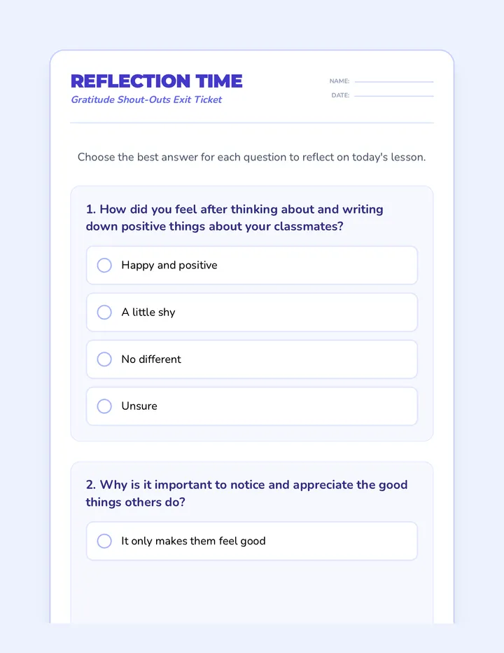 Gratitude Reflection Exit Ticket