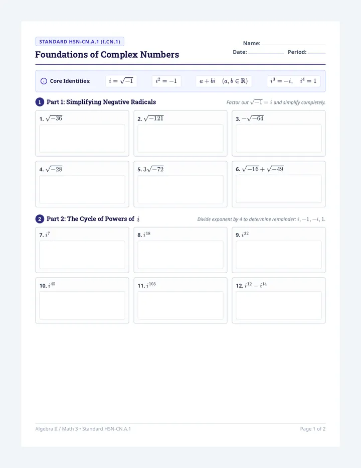Complex Numbers Student Worksheet