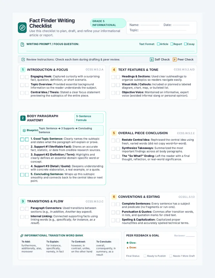 Fact Finder Writing Checklist