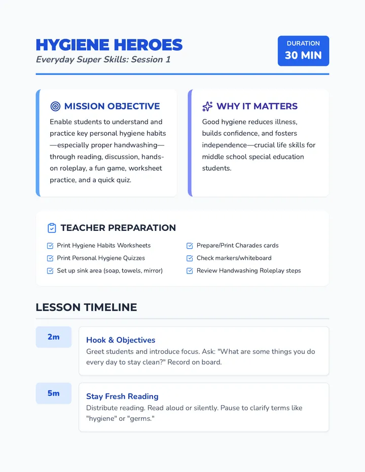 Hygiene Heroes Lesson Plan
