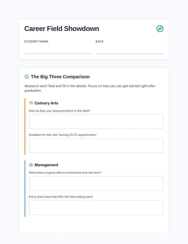 Career Field Showdown Worksheet