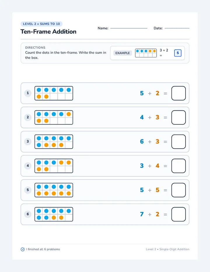 Ten Frames Level Two Worksheet