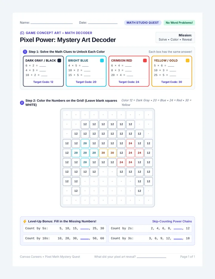 Pixel Math Mystery Worksheet