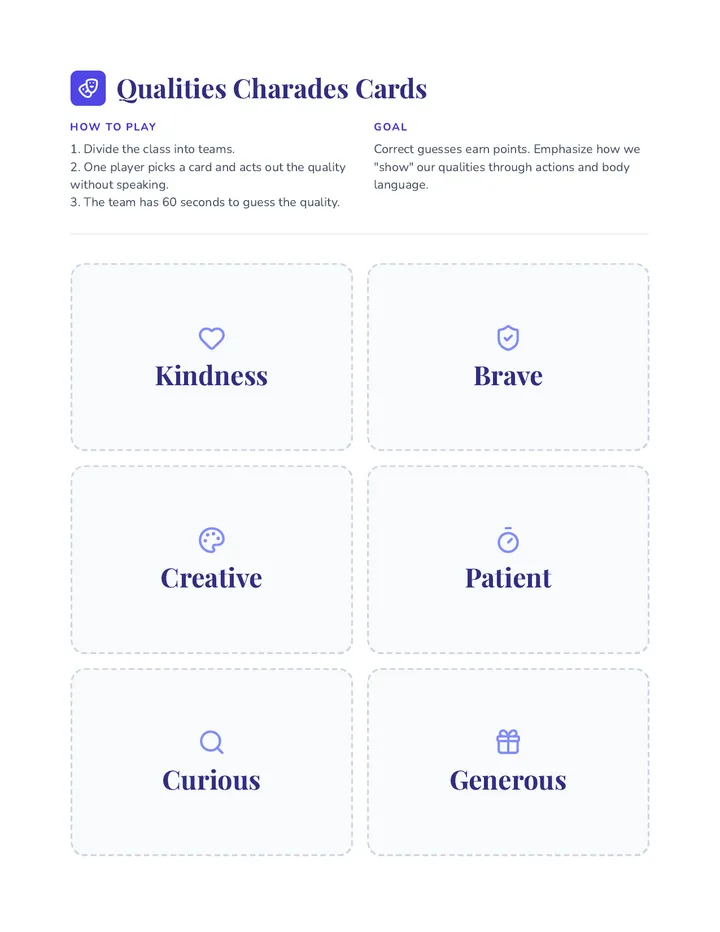 Qualities Charades Game Cards