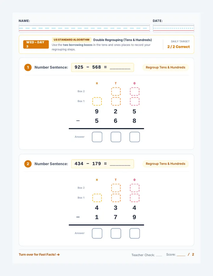 Wednesday Subtraction Worksheet