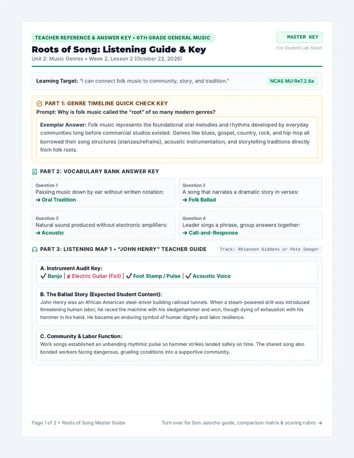 Folk Listening Guide Answer Key