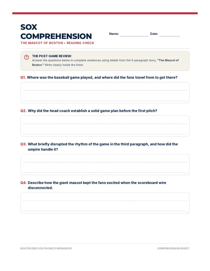 Red Sox Comprehension Worksheet
