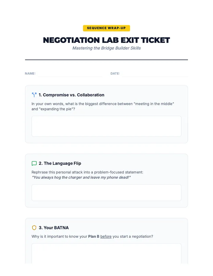 Negotiation Lab Exit Ticket page 1