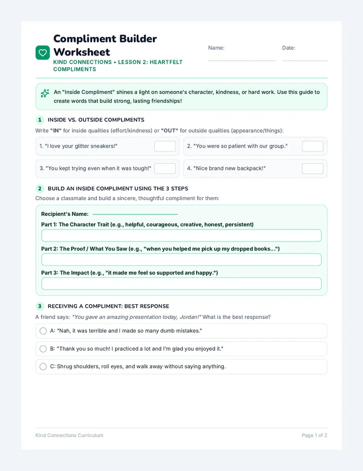 Compliment Builder Worksheet