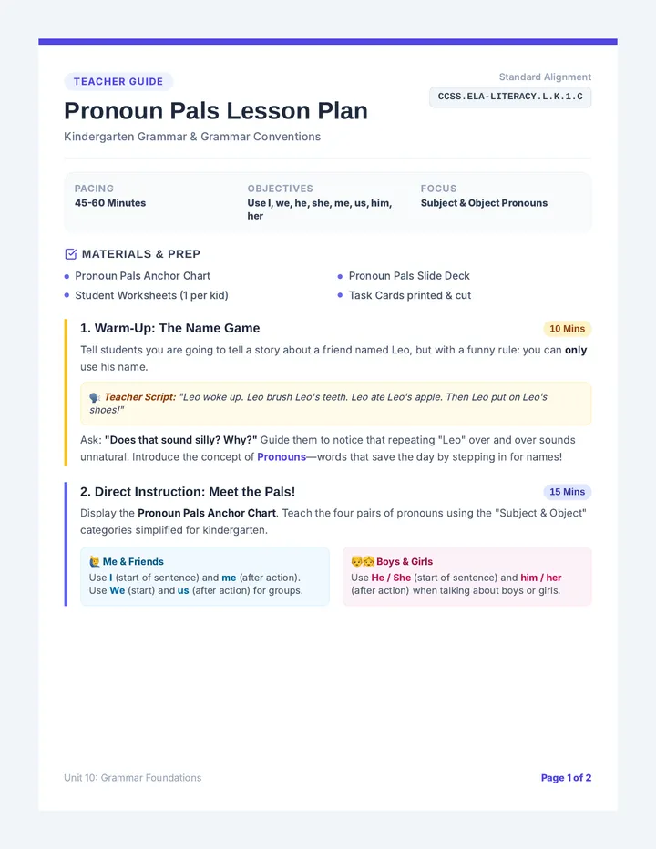 Pronoun Pals Lesson Plan