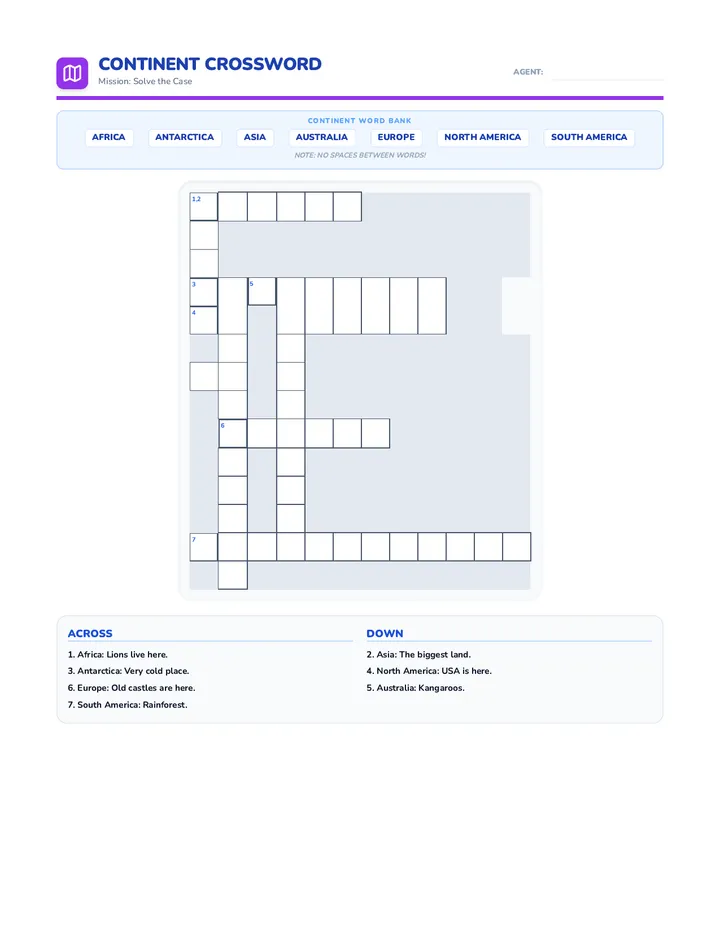 Continent Crossword Worksheet