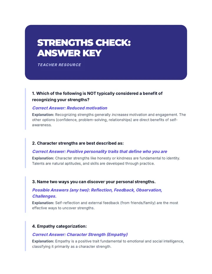 Strengths Check Answer Key Document
