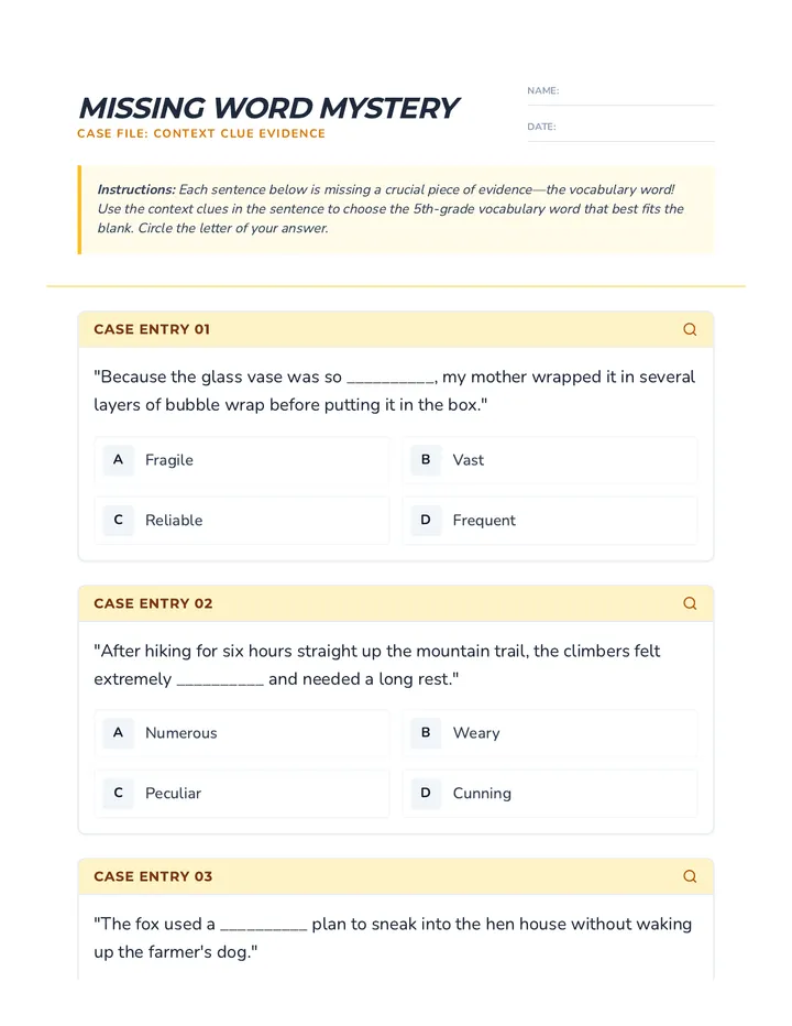 Missing Word Mystery Worksheet