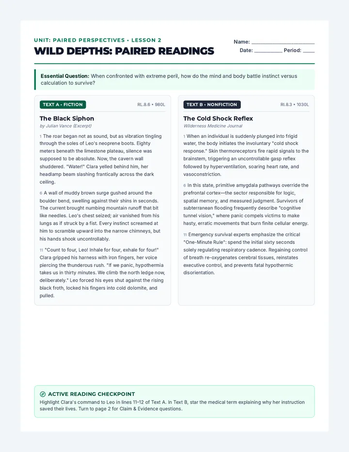 Wild Depths Reading Worksheet