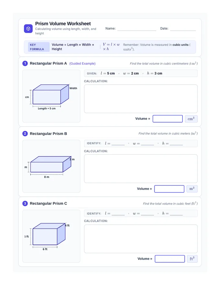Prism Volume Worksheet