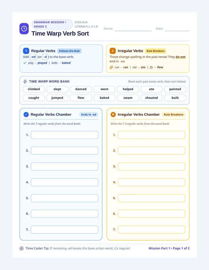 Time Warp Verbs Worksheet