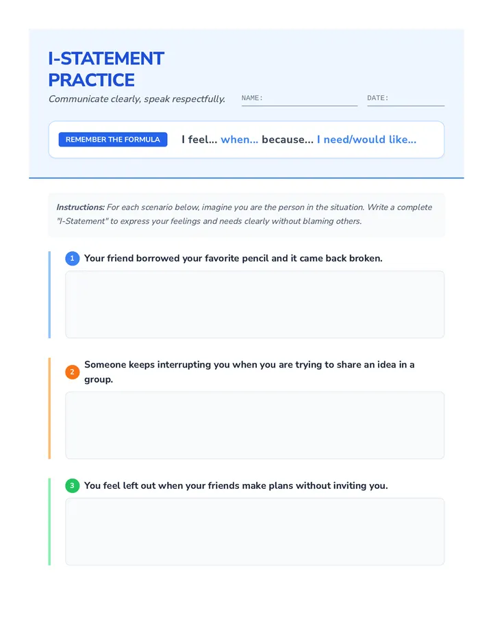 I-Statement Practice Worksheet