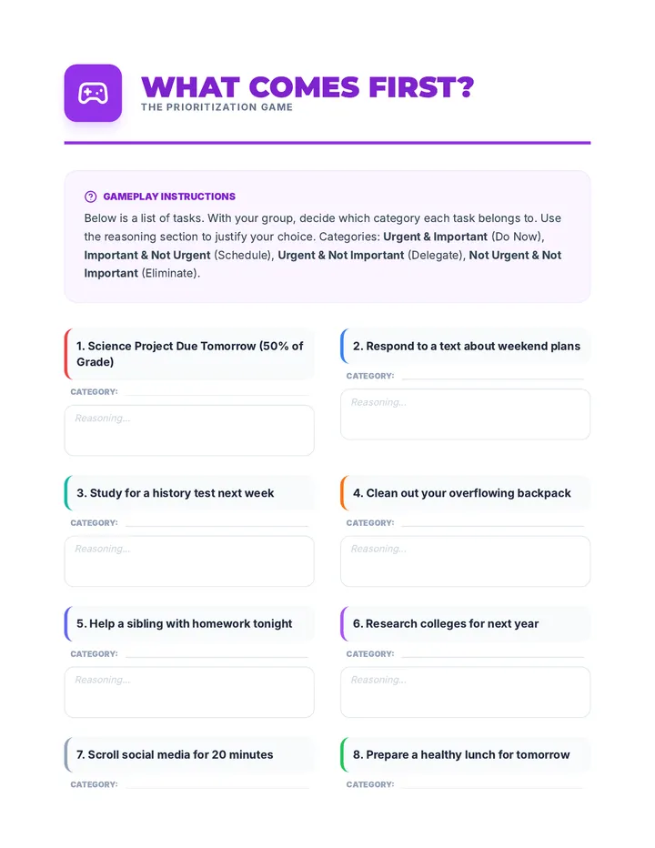 The Prioritization Game Worksheet