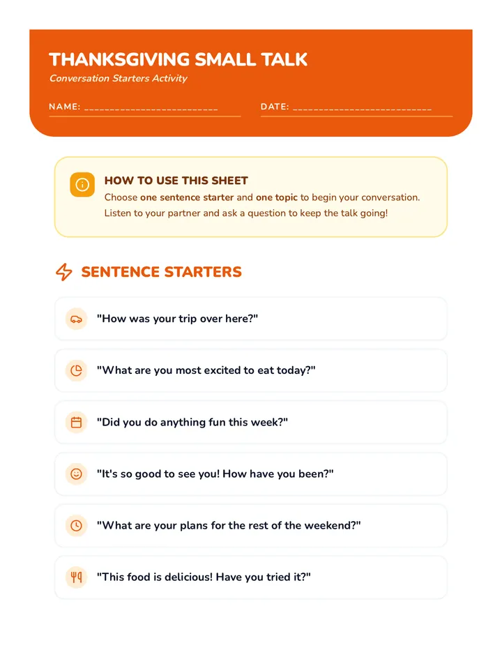 Thanksgiving Conversation Starters Activity Sheet