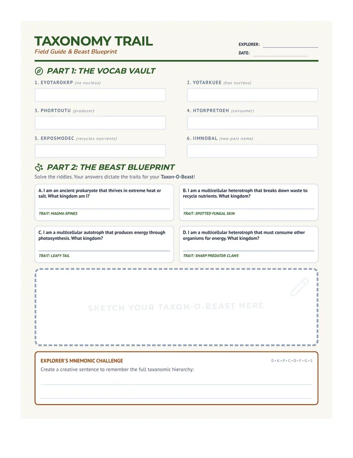 Taxonomy Trail Worksheet