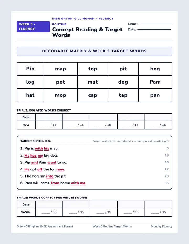 Week 3 Monday Fluency Sheet
