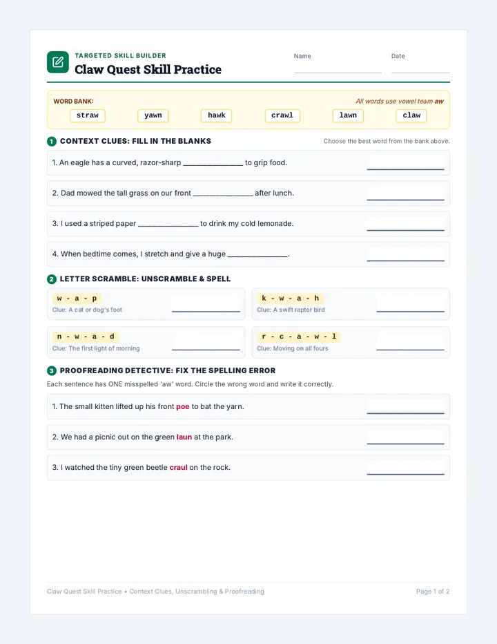 Claw Quest Practice Worksheet