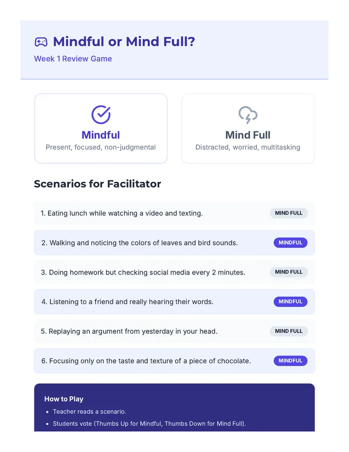 Week 1 Mindful or Mind Full Game Guide