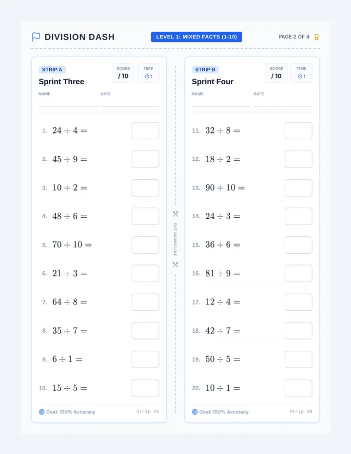 Division Dash Strip 2 Worksheet