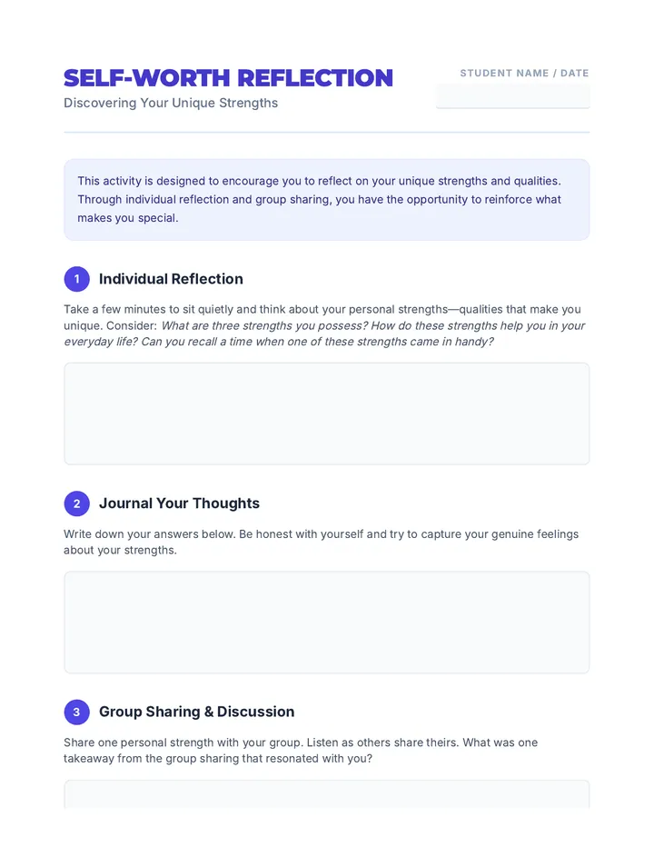 Self Worth Reflection Activity
