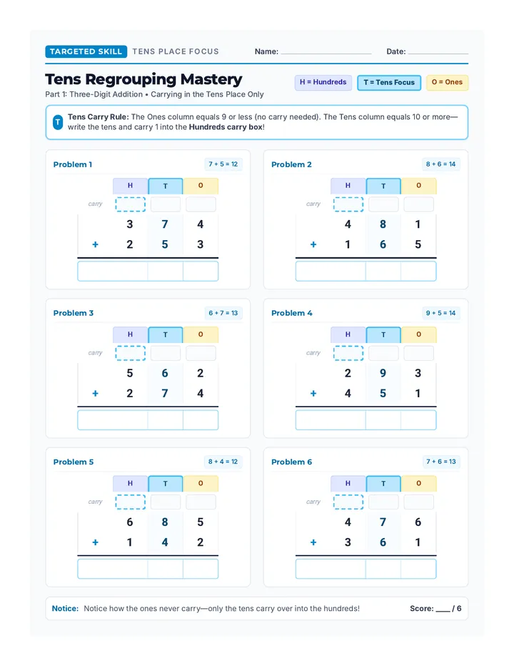 Tens Regrouping Practice Packet