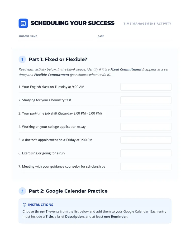 Scheduling Your Success Worksheet