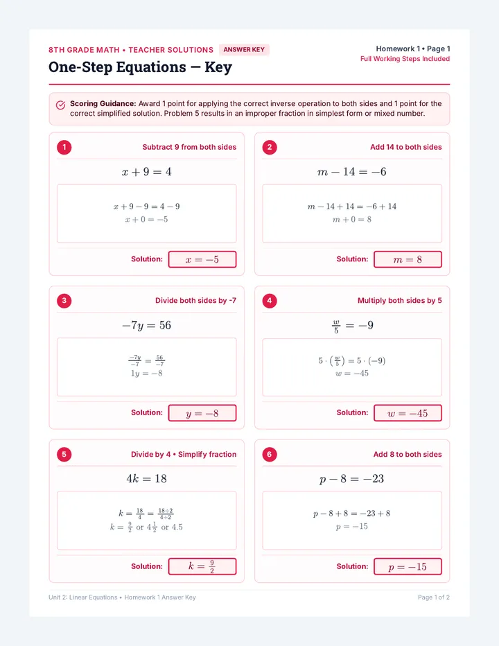 One Step Solutions Answer Key