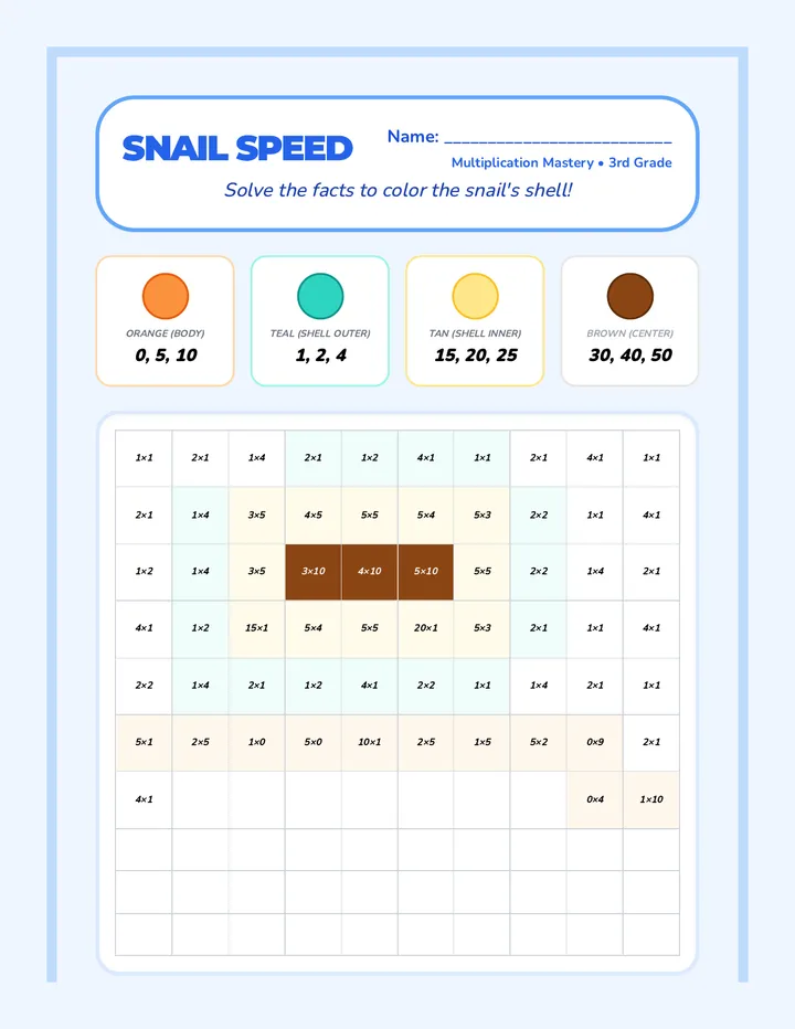 Snail Speed Multiplication Color by Number master
