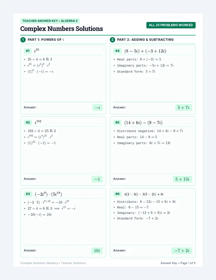 Complex Numbers Answer Key