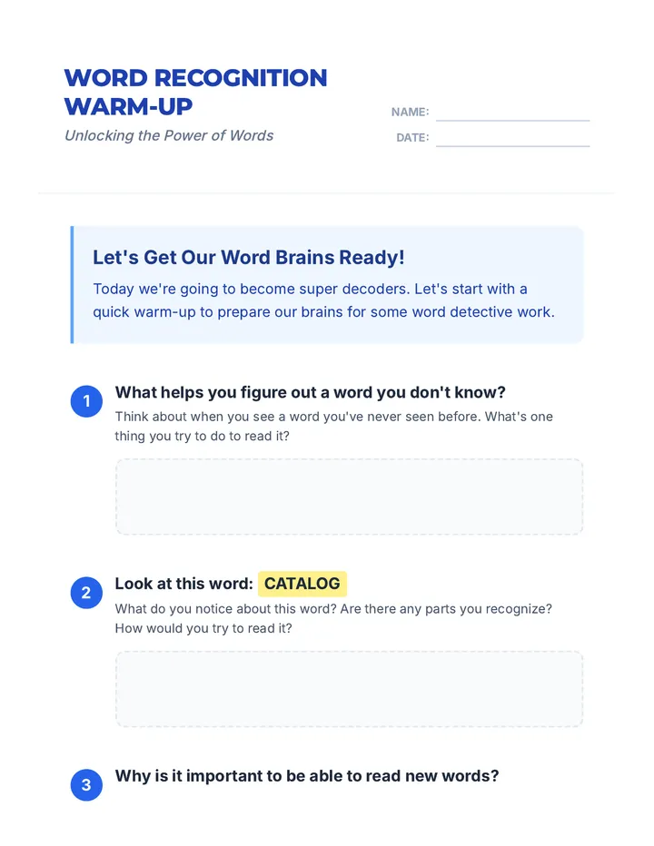 Word Recognition Warm-Up Handout