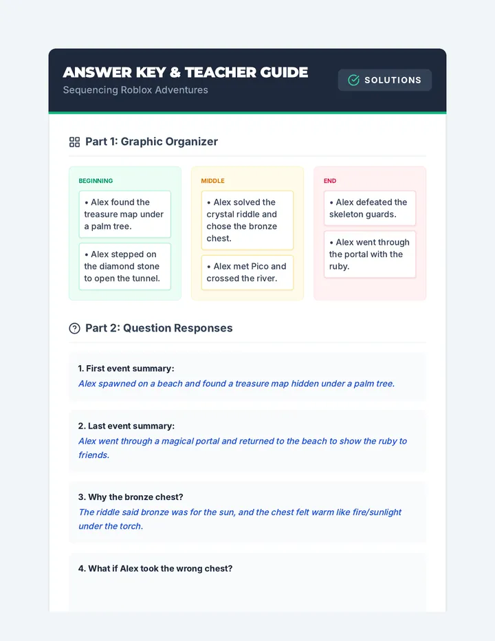 Sequencing Roblox Answer Key Teacher Guide