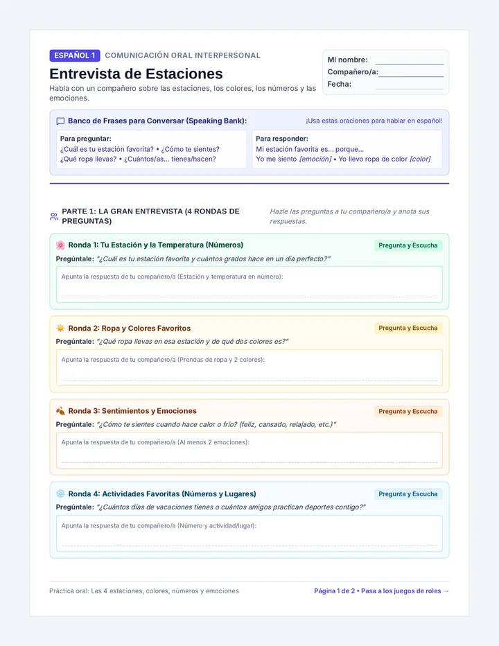 Estaciones Interpersonal Speaking Activity