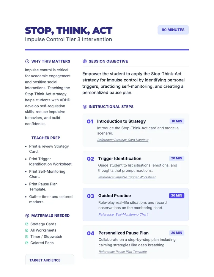 Stop Think Act Lesson Plan