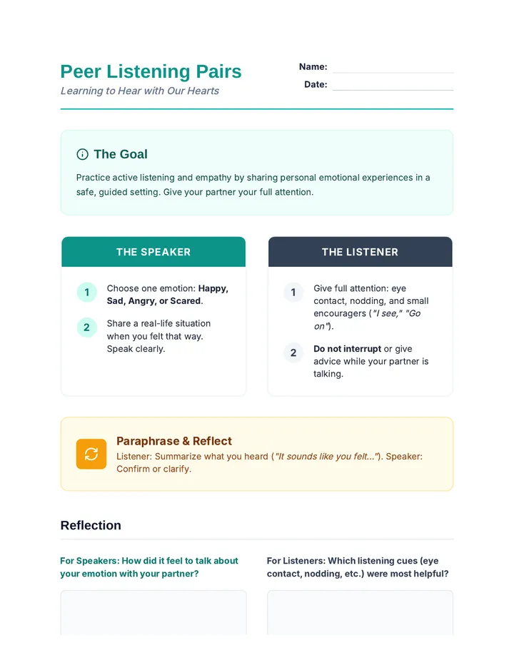 Peer Listening Pairs Activity Sheet