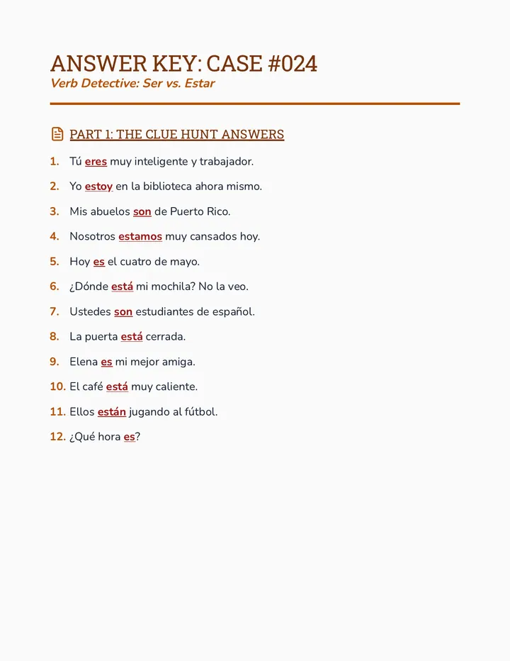Verb Detective Answer Key