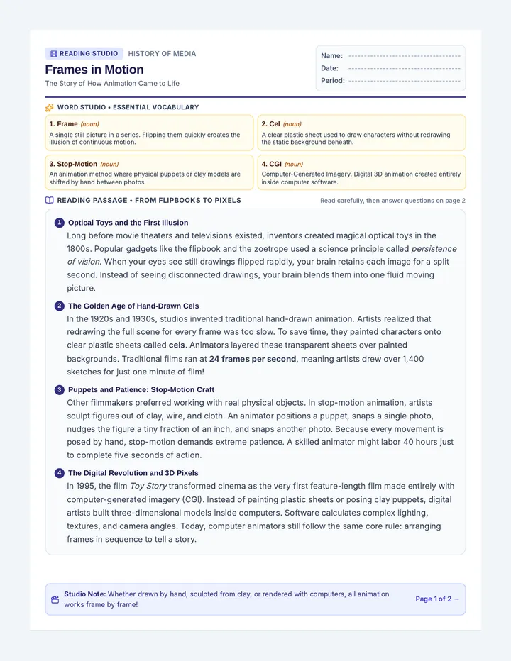 Frames In Motion Worksheet