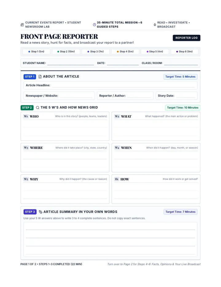 Front Page Reporter Worksheet