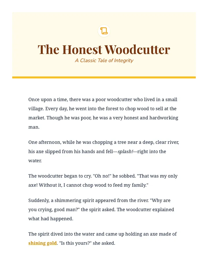 The Honest Woodcutter Reading Material