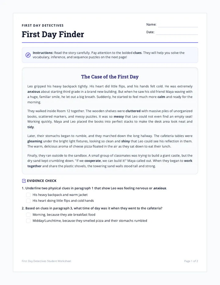 First Day Finder Worksheet