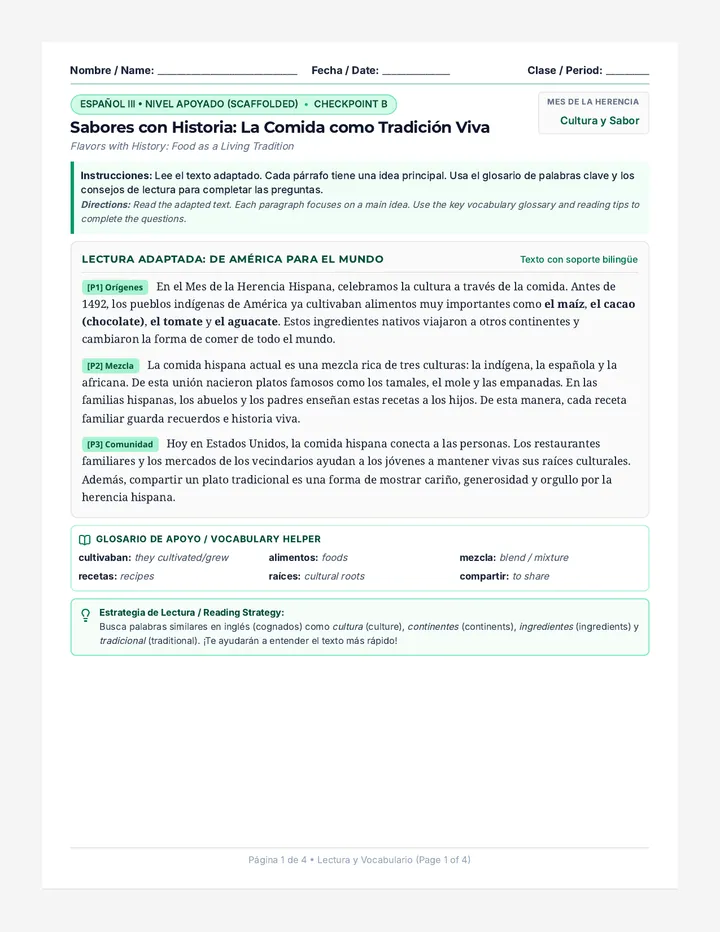 Sabores Hispanos Simplified Worksheet