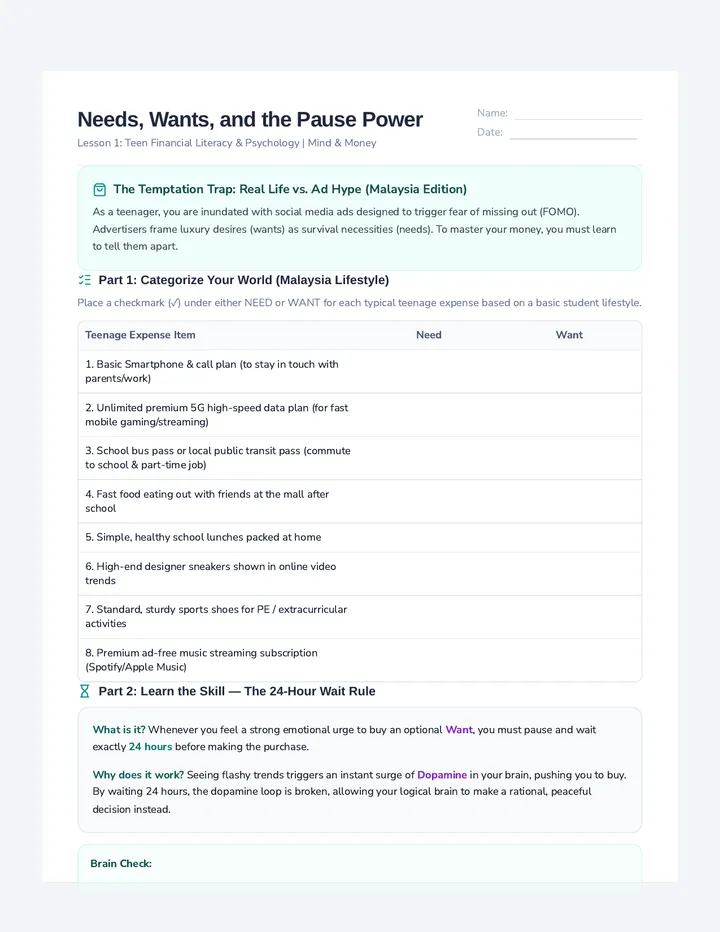 Needs Wants and Smarter Budgets Worksheet