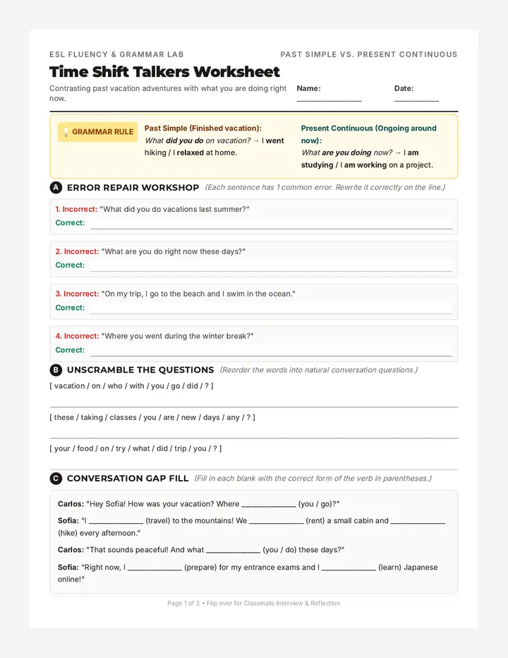 Time Shift Talkers Worksheet