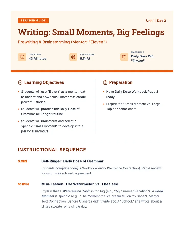 Writing Day 2 Teacher Guide